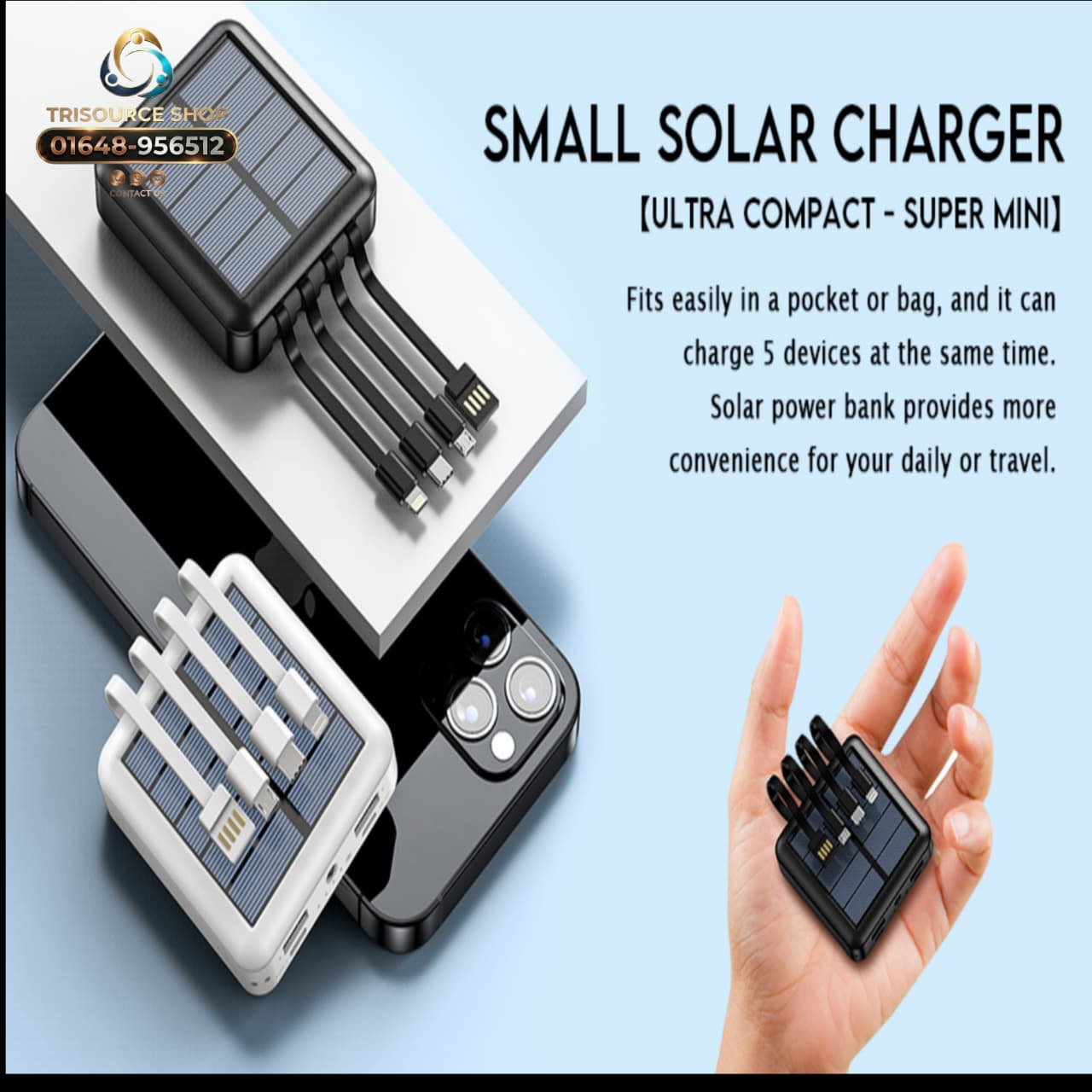 Mini Solar Power Bank with Built-in 4 Charging Cables | Fast Charging Universal Power Bank